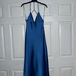 Blue Satin Slip Dress with Strappy Back